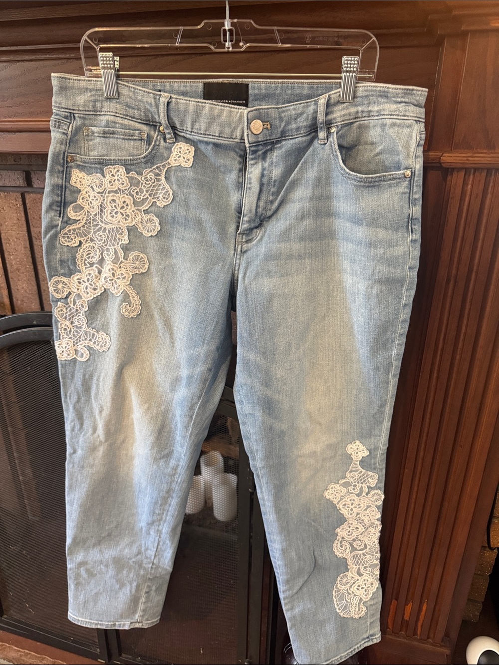 White House Black Market Light Blue Cropped Jeans with White Lace Appliqué